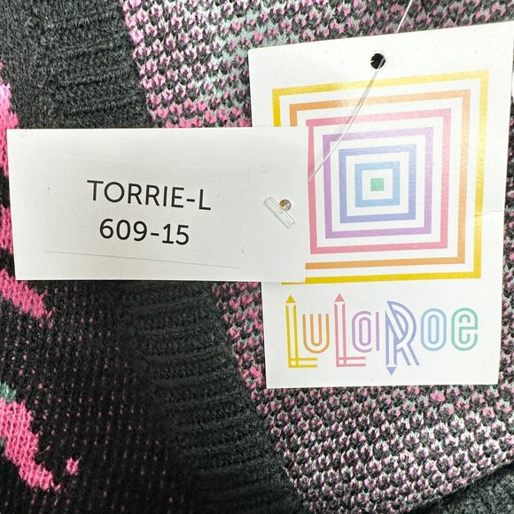 LuLaRoe Torrie Sweater Womens L Black Acrylic LS Pink Green Floral Print V-Neck - Picture 6 of 10